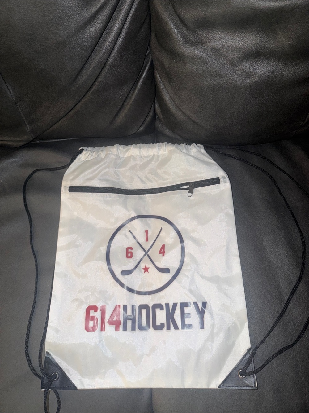 614 Hockey White Drawstring Backpack Columbus Ohio bag
